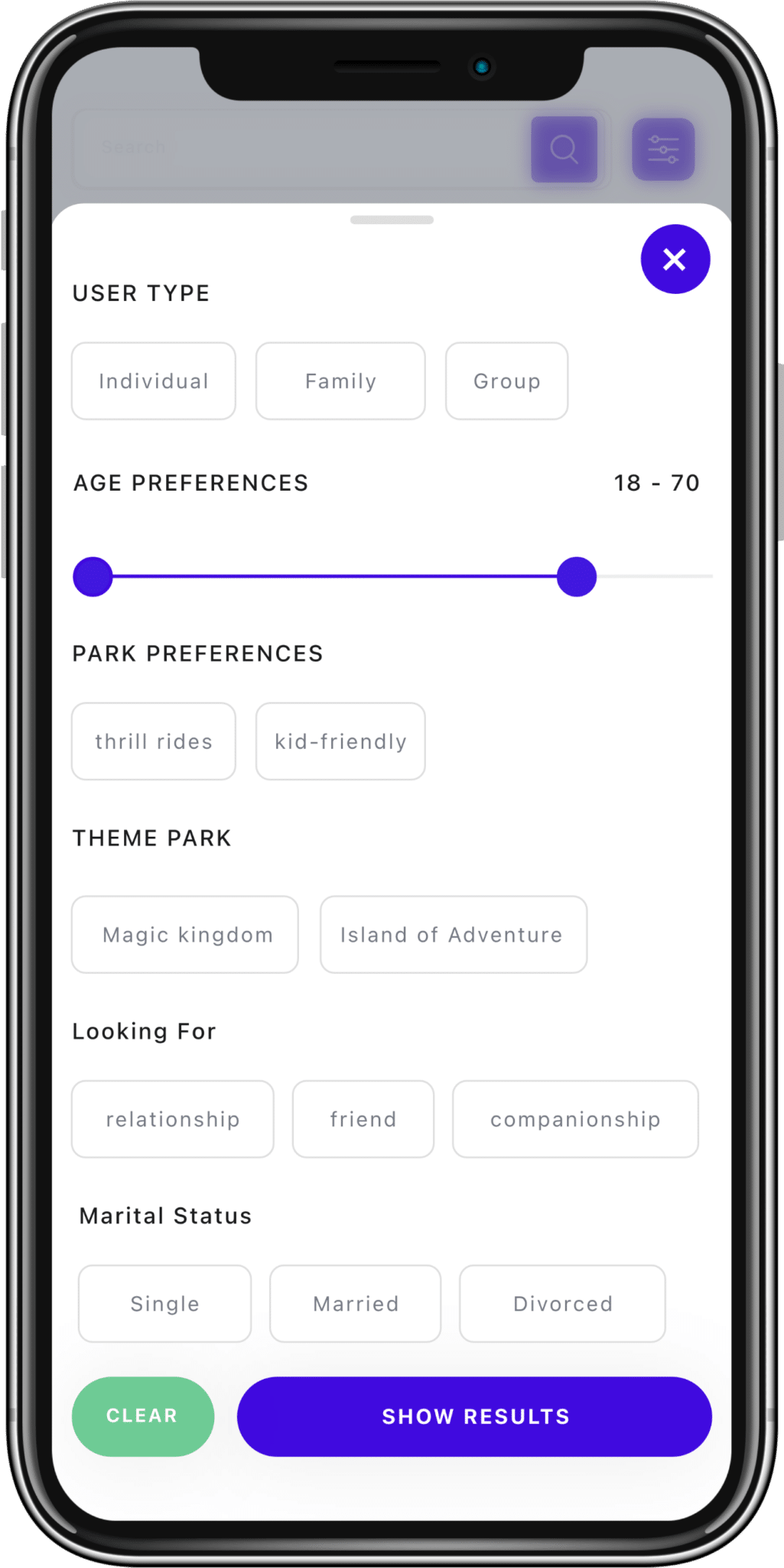 Theme Park Social Configuration Screen